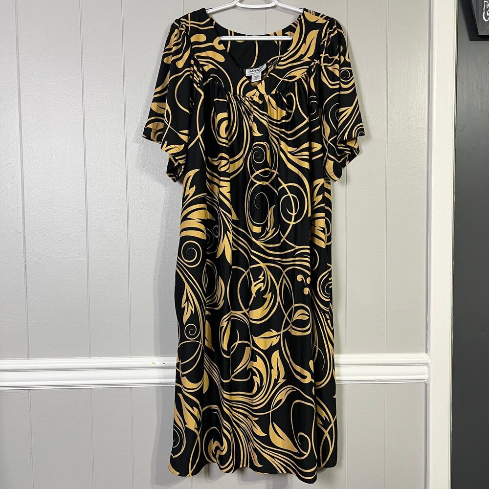 Anthony Richards Black Gold Scroll Print Midi Dress 1X Plus Size Short Sleeve